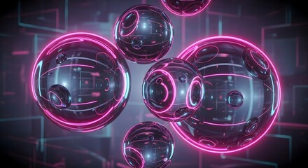 Futuristic spheres with glowing pink outlines floating in a digital environment.