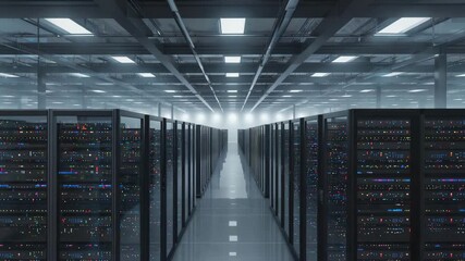 Expansive modern server room with rows of blinking data racks, conveying digital innovation and advanced technology. - Powered by Adobe