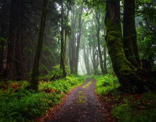 Obraz premium A misty forest path winds through a dense canopy of ancient trees, bathed in soft, diffused light.