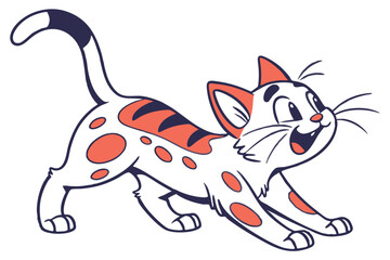 Cartoon White Cat with Coral Spots Stretching and Smiling on a White Background