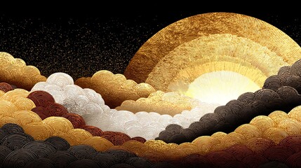 A radiant golden sun emerges from swirling, textured clouds, creating a sense of ethereal beauty and warmth against a dark, star-speckled sky, evoking tranquility.