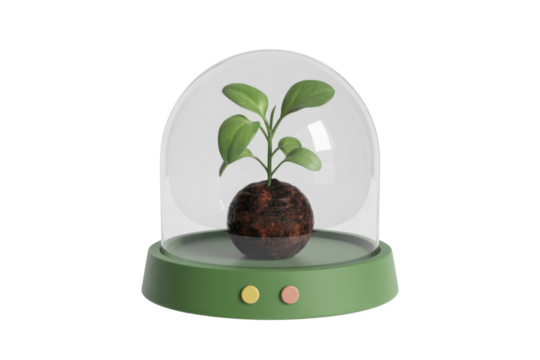 A small plant sprouts from soil, carefully protected under a glass dome on a green base. background removed