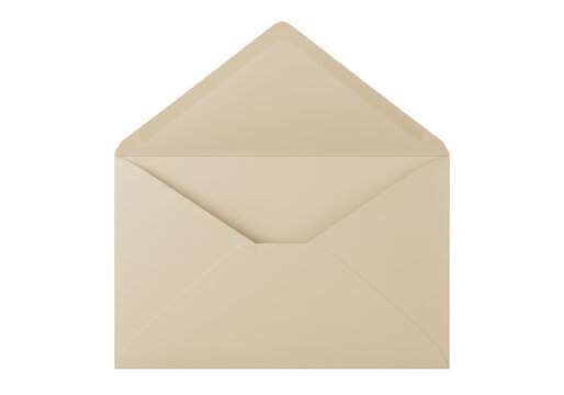 Isolated beige envelope for letter writing with open flap and triangular closure design