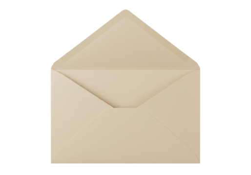 Isolated beige envelope for letter writing with open flap and triangular closure design