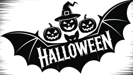 Halloween graphic with jack-o'-lanterns, witch hat, bat wings, black cat, spooky typography, festive silhouette design for seasonal vector art