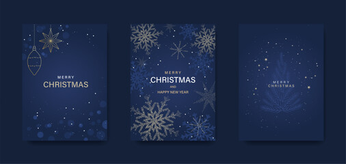 Merry Christmas and Happy New Year! Greeting card or invitation template featuring a Christmas tree and snowflakes on a blue background.