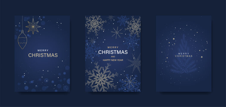Merry Christmas and Happy New Year! Greeting card or invitation template featuring a Christmas tree and snowflakes on a blue background.