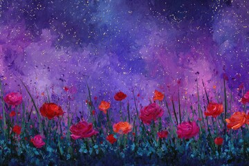 Vibrant red and pink roses bloom in a field under a purple and gold night sky dusted with glittering stars