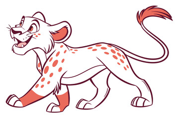 Cartoon White Lion Cub Walking with Red Spots in on White Background