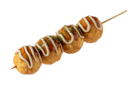 Takoyaki balls on a stick, drizzled with mayonnaise and savory sauce. background removed