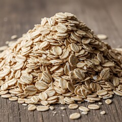 A close-up view of a substantial pile of light brown rolled oats, showcasing their numerous, small, oval-shaped pieces.