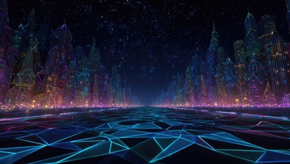 Futuristic cityscape at night, glowing vibrant neon colors, low poly style, starry sky, vanishing point perspective, polygonal road