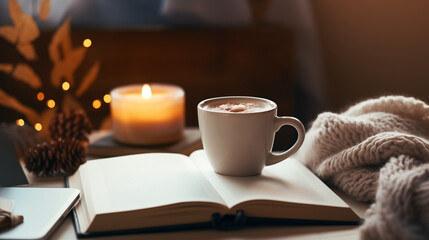 Tasse de café ou cappuccino. Boisson chaude, ambiance chaleureuse et relaxante, dans une chambre, lumière tamisée. Arrière-plan pour conception et création graphique.