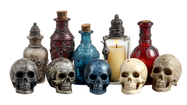 Collection of spooky potion bottles and skulls isolated on transparent background