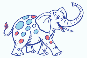 Cartoonish Smiling Elephant with Blue and Red Spots Walking on White Background