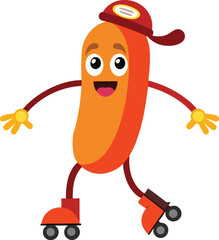 Cartoon Sausage on Roller Skates with a Baseball Cap Having Fun