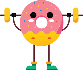 Funny donut character lifting weights fitness and healthy lifestyle concept illustration
