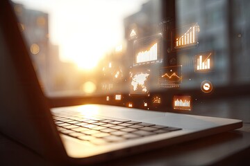 Laptop on Desk with Data Visualization Overlay.