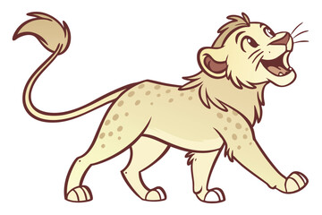 Cartoonish walking lion on a white background drawing