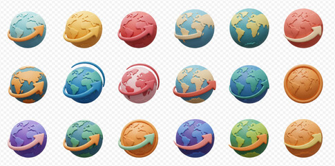 A collection of colorful globe icons with arrows encircling them, arranged on a transparent background.