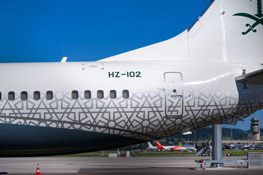 Close-up of Royal Saudi Air Force airplane type Boeing 737-8DP BBJ HZ-102 parked at Swiss Airport Z&uuml;rich Kloten on a late summer day. Photo taken September 19th, 2025, Zurich Kloten, Switzerland.