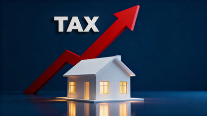 Rising housing cost and tax increase concept with red arrow and house model on blue background