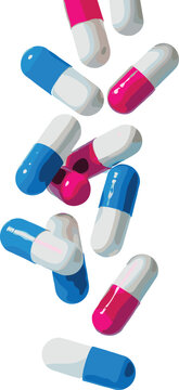 Scattered blue and pink capsules with white pills falling on white background representing pharmaceutical drugs, medication, and modern healthcare concept vector
