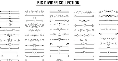 Fototapeta premium Big divider collection with ornate flourishes, arrows, hearts and decorative motifs for elegant layout, branding, invitations and graphic design