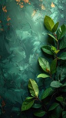 Lush green foliage rests on a textured, dark teal background with subtle gold accents