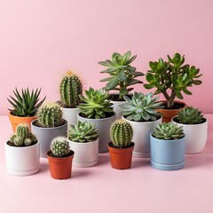 A variety of succulents and cacti in assorted ceramic pots arranged against a vibrant pink backdrop.