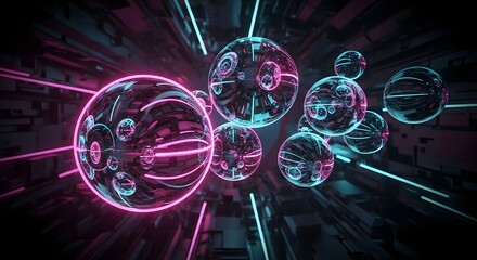 Futuristic abstract background with glowing pink and cyan neon spheres and laser beams in a dark, reflective tunnel.