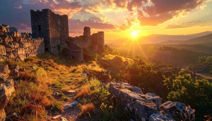 Fototapeta premium Scenic Sunset Over Stone Castle Ruins on Hillside Landscape