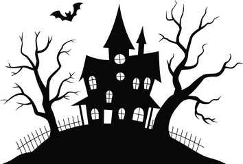 Haunted crooked house silhouette with bats, spooky trees, broken fence on hilltop for Halloween, horror, gothic, eerie night illustration