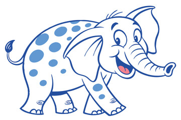 Cheerful Cartoon Elephant with Blue Spots Walking on White Background