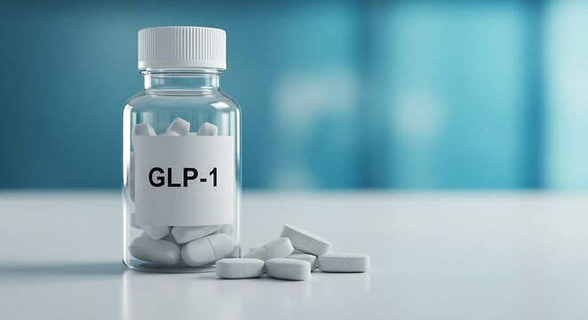 A medicine bottle labeled glp-1 placed against a pharmaceutical development, healthcare concept,blue laboratory background, medical research, 