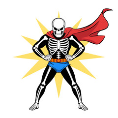 Superhero skeleton figure, red cape, heroic stance, comic style rays, confident pose, fun mascot concept, clean vector design