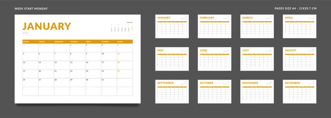 Set of 12 Pages Monthly Calendar Planner Templates on 2026 year. Vector mockup of a wall or desktop calendar organizer grid with the week starting on Monday ready print. Page for size A4 -21x29.7 cm