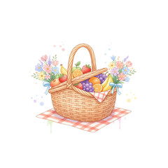 A colorful Easter basket overflowing with fresh fruit, sweet desserts, and decorated eggs