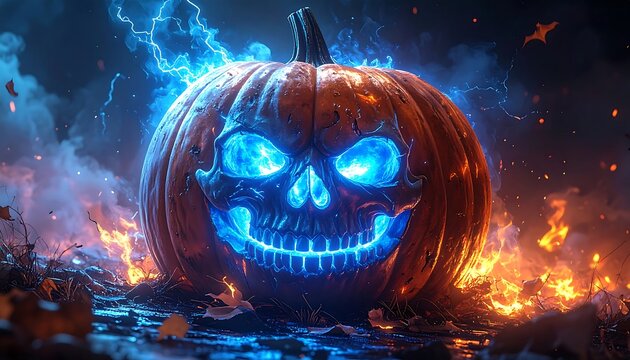 A vibrant pumpkin with a glowing blue skull design sits amidst crackling flames and electrical storms, creating a captivating Halloween scene.