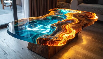 Elegant curved table with shimmering resin waves, set in a cozy nook, smooth lines, enchanted glow, photorealistic for stylish decor.