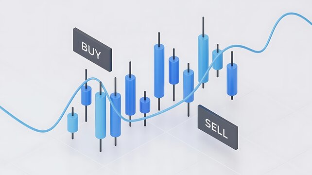 3d candlestick chart with buy and sell signs indicating stock market trading strategy