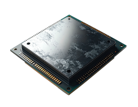 Detailed close-up view of a square processor chip, showing a textured, dark gray surface with markings, mounted on a teal circuit board