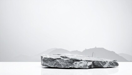 Flat marble slab with cracks on white surface, misty mountain background