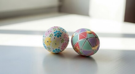 Two decorated Easter eggs rest on a light-colored surface, showcasing vibrant floral and geometric designs.