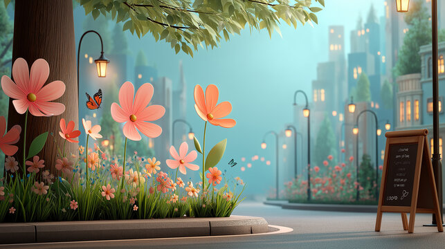 Quaint City Street with Oversized Flowers and Cafe