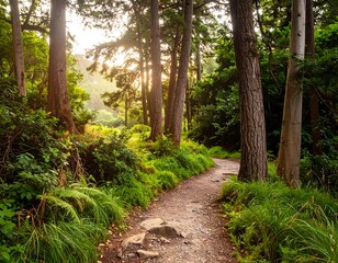 Sunlit path through a lush forest (1)