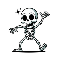 playful skeleton waving, twinkling stars around, cheerful bones character, cute halloween graphic, friendly sticker, clean vector illustration