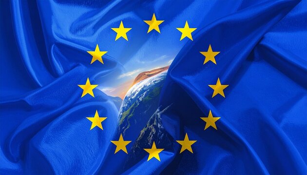 European Union flag with twelve gold stars in circle on blue background