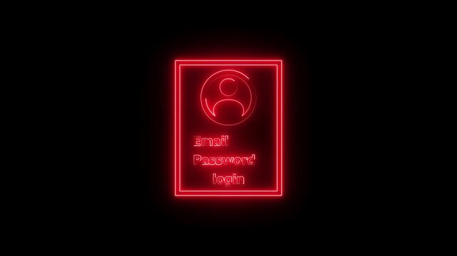 Simple login interface design with icon email and password fields and login button neon bright red color animation. black background 4k video.
