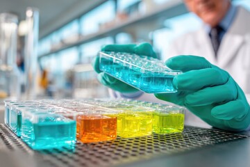 Scientist working with colorful liquid samples in lab.